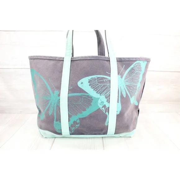 Vintage LL Bean Boat & Tote Canvas Butterfly Print Bag Navy Teal Rare USA Made - Picture 2 of 9